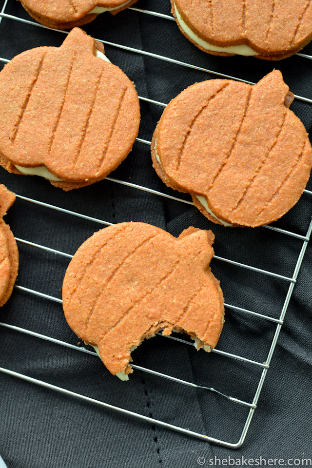 Pumpkin Spiced Sandwich Cookies with Cream Cheese Icing