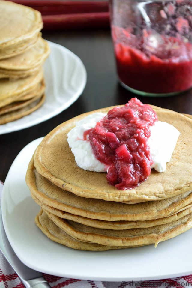 Whole Wheat Flax Pancakes with Stewed Rhubarb